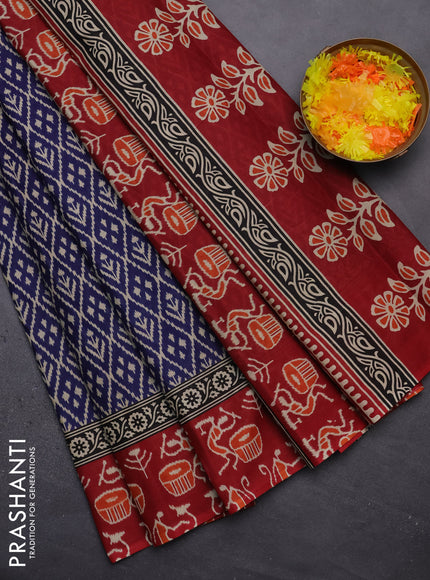Muslin cotton saree navy blue and maroon with allover ikat prints and printed border
