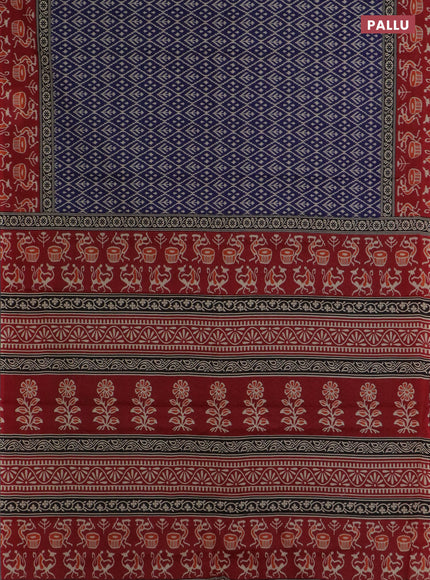 Muslin cotton saree navy blue and maroon with allover ikat prints and printed border