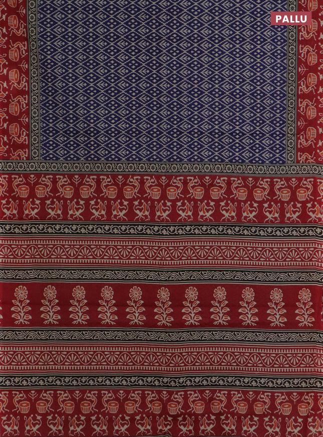 Muslin cotton saree navy blue and maroon with allover ikat prints and printed border