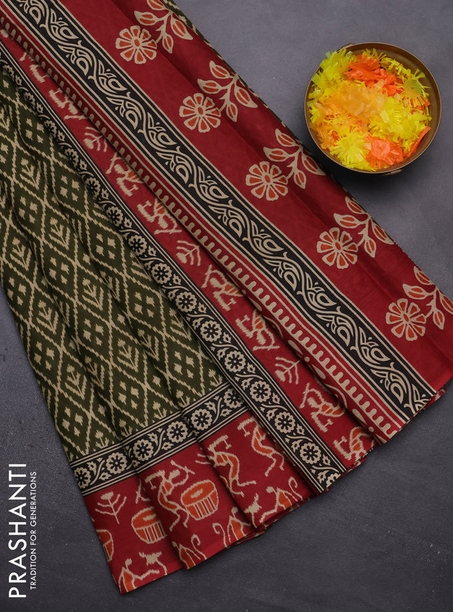 Muslin cotton saree sap green and maroon with allover ikat prints and printed border