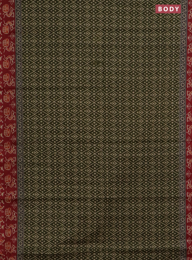 Muslin cotton saree sap green and maroon with allover ikat prints and printed border