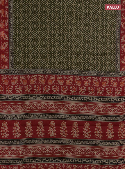 Muslin cotton saree sap green and maroon with allover ikat prints and printed border