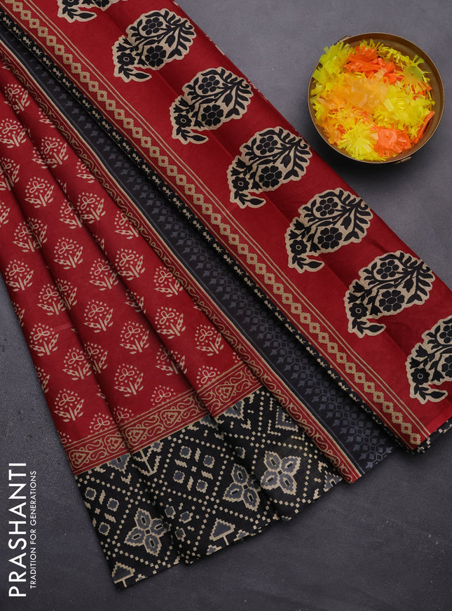 Muslin cotton saree maroon and black with butta prints and printed border