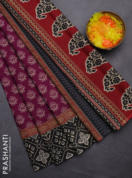 Muslin cotton saree purple and black with butta prints and printed border