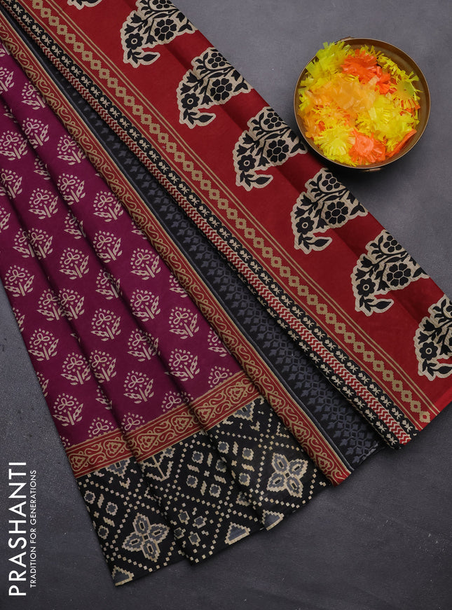 Muslin cotton saree purple and black with butta prints and printed border
