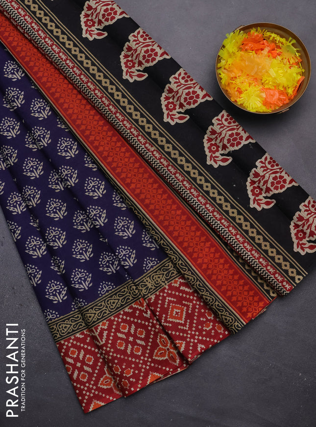 Muslin cotton saree dark blue and maroon with butta prints and printed border