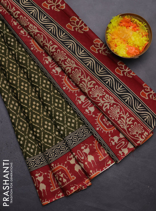 Muslin cotton saree sap green and maroon with allover prints and printed border