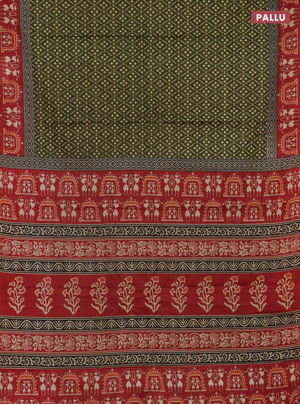 Muslin cotton saree sap green and maroon with allover prints and printed border