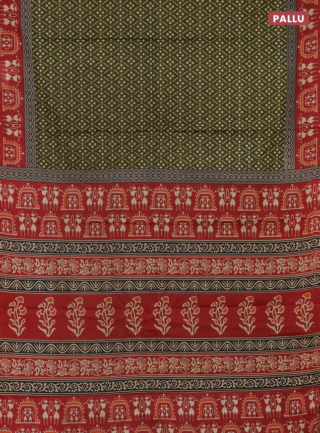 Muslin cotton saree sap green and maroon with allover prints and printed border