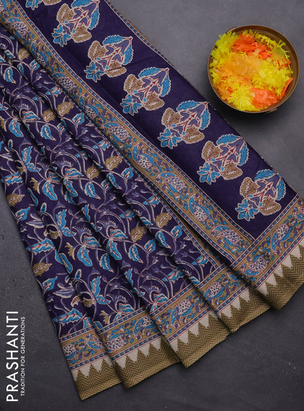 Muslin cotton saree navy blue with kalamkari prints and printed border