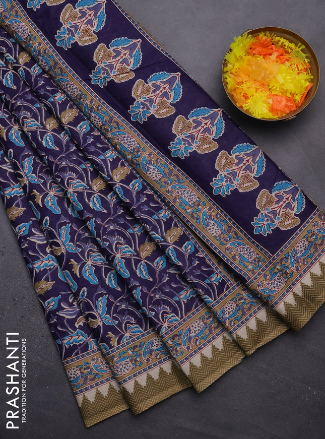 Muslin cotton saree navy blue with kalamkari prints and printed border