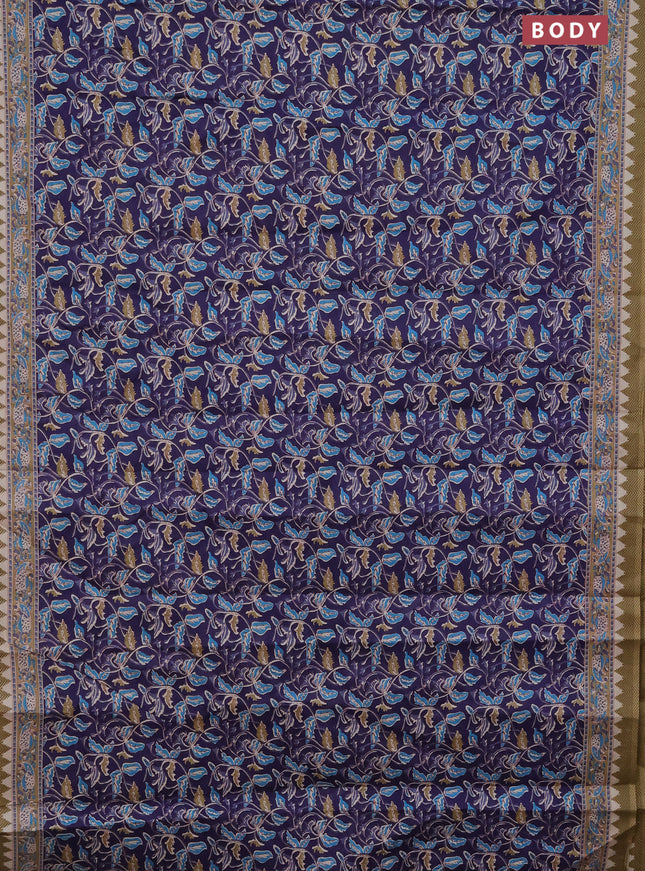 Muslin cotton saree navy blue with kalamkari prints and printed border