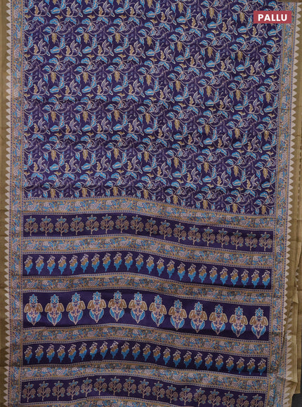 Muslin cotton saree navy blue with kalamkari prints and printed border