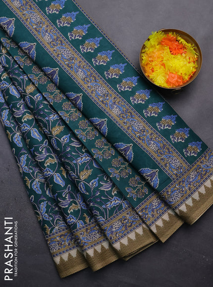 Muslin cotton saree peacock green with kalamkari prints and printed border