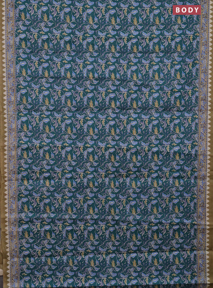 Muslin cotton saree peacock green with kalamkari prints and printed border