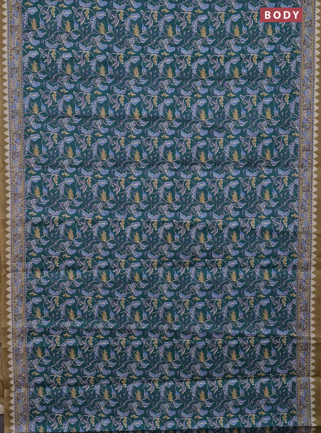 Muslin cotton saree peacock green with kalamkari prints and printed border