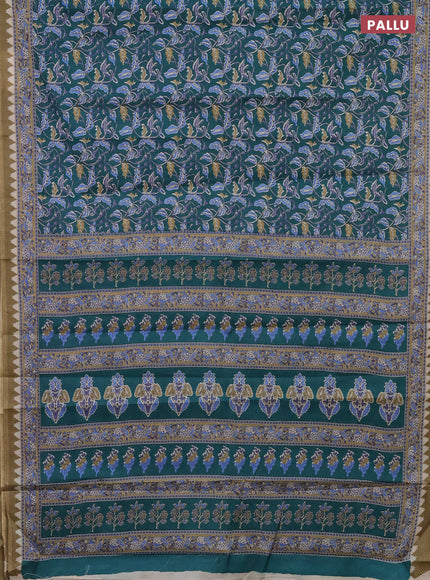 Muslin cotton saree peacock green with kalamkari prints and printed border