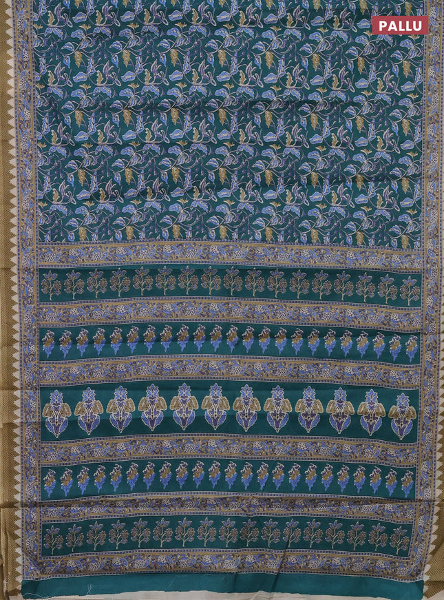 Muslin cotton saree peacock green with kalamkari prints and printed border
