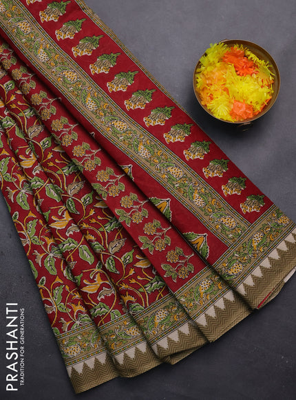 Muslin cotton saree maroon with kalamkari prints and printed border