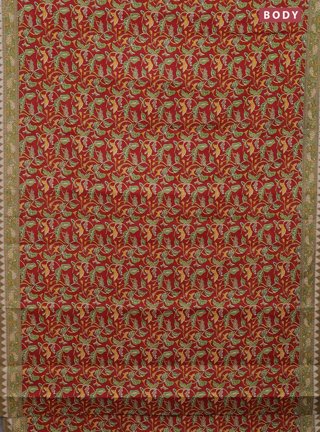 Muslin cotton saree maroon with kalamkari prints and printed border
