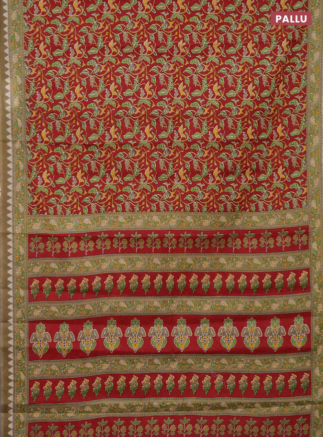 Muslin cotton saree maroon with kalamkari prints and printed border