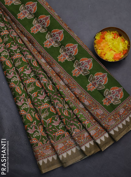 Muslin cotton saree green with kalamkari prints and printed border