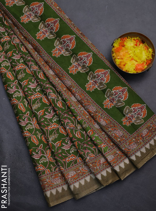 Muslin cotton saree green with kalamkari prints and printed border