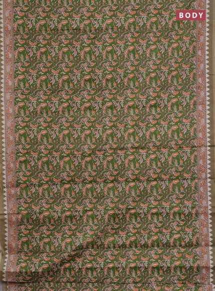 Muslin cotton saree green with kalamkari prints and printed border