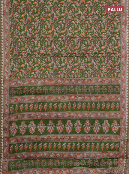 Muslin cotton saree green with kalamkari prints and printed border