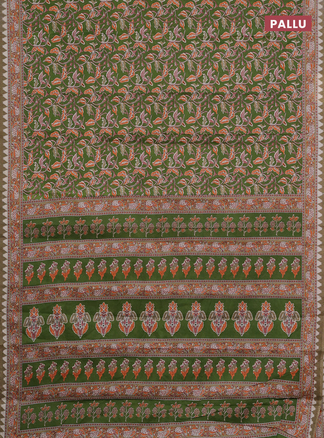 Muslin cotton saree green with kalamkari prints and printed border