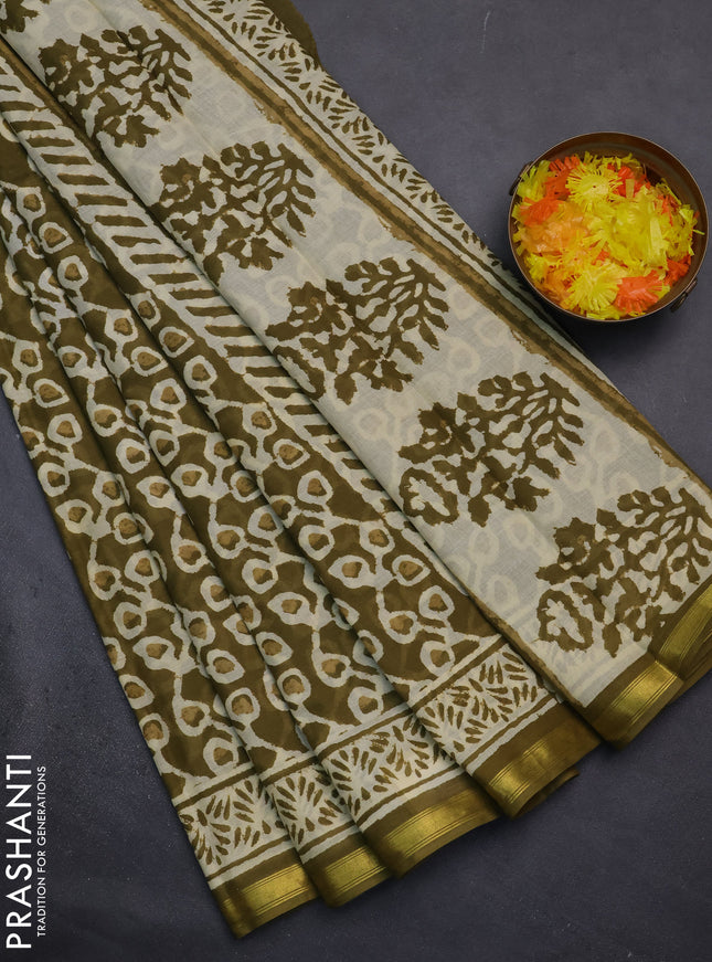 Muslin cotton saree mehendi green with allover prints and zari woven border