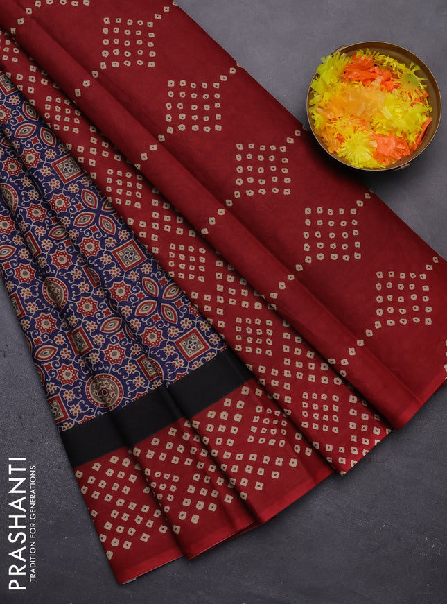 Muslin cotton saree blue and maroon with ajrakh prints and printed border