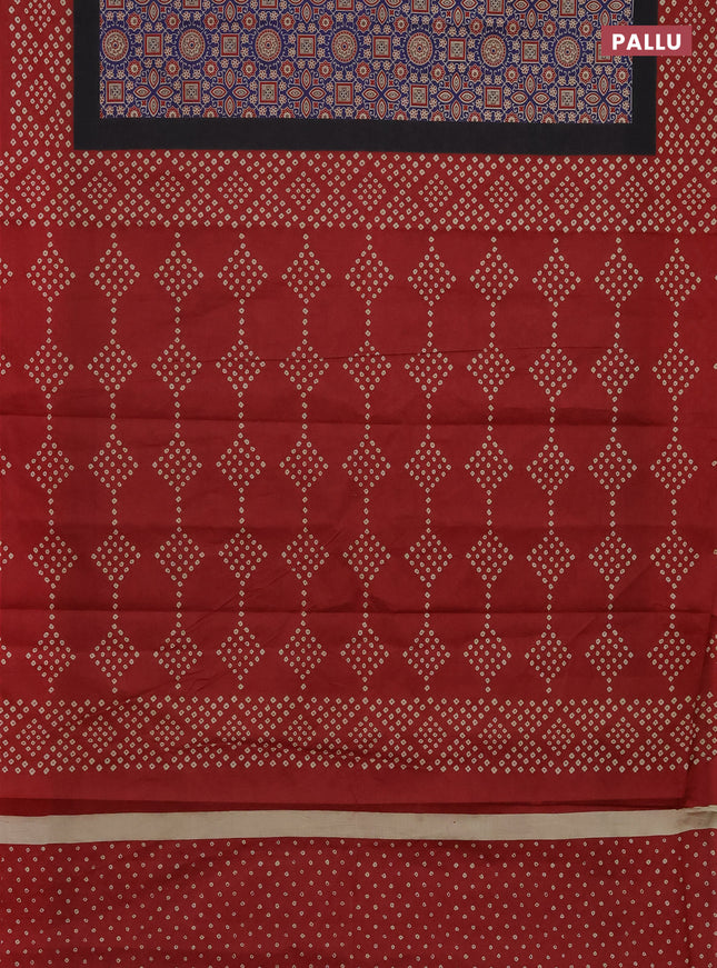 Muslin cotton saree blue and maroon with ajrakh prints and printed border