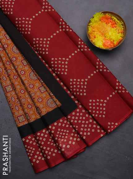 Muslin cotton saree mustard yellow and maroon with ajrakh prints and printed border