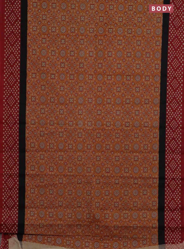 Muslin cotton saree mustard yellow and maroon with ajrakh prints and printed border