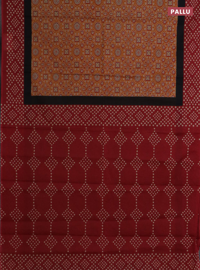 Muslin cotton saree mustard yellow and maroon with ajrakh prints and printed border