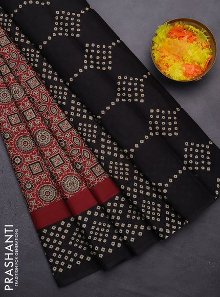 Muslin cotton saree maroon and black with ajrakh prints and printed border