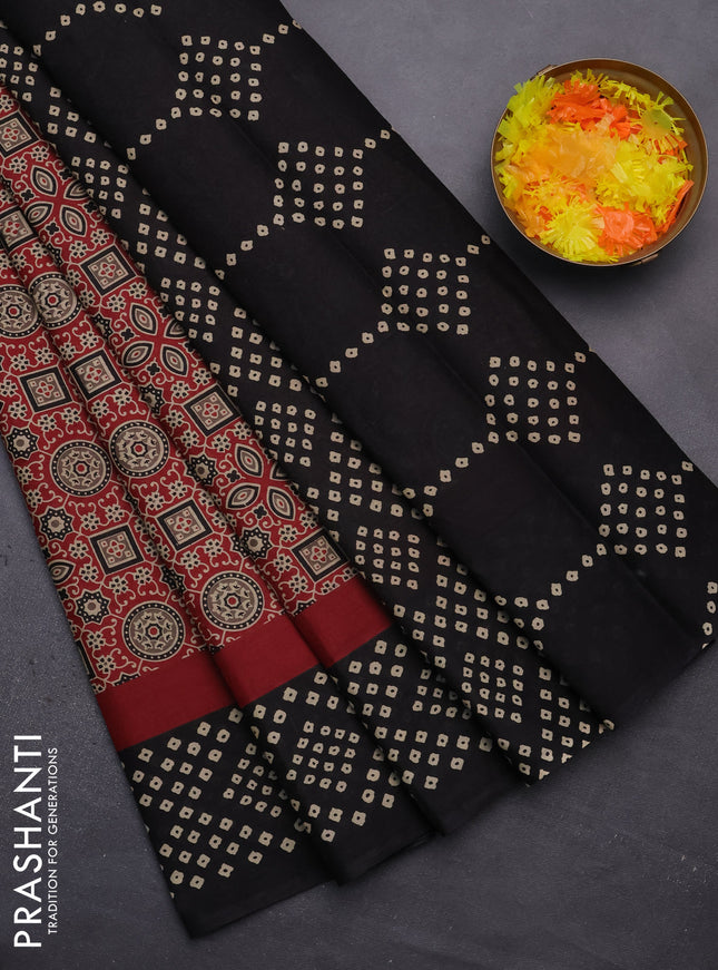 Muslin cotton saree maroon and black with ajrakh prints and printed border