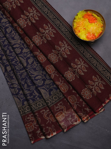 Muslin cotton saree navy blue and maroon with allover prints and printed border