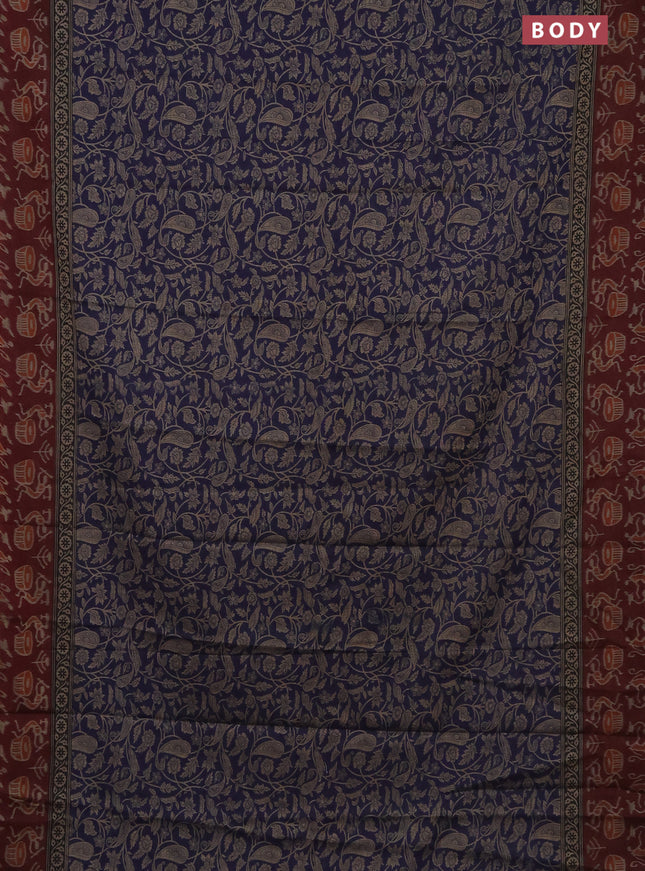 Muslin cotton saree navy blue and maroon with allover prints and printed border