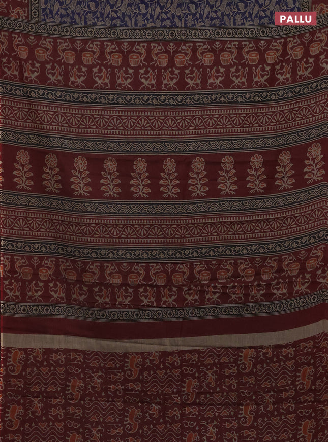 Muslin cotton saree navy blue and maroon with allover prints and printed border