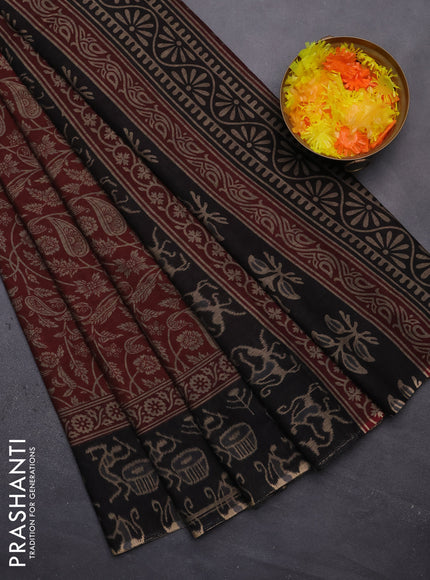 Muslin cotton saree maroon and black with allover prints and printed border