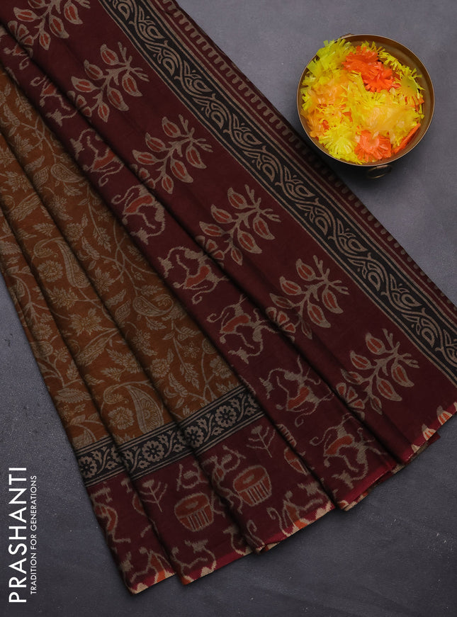Muslin cotton saree dark mustard and maroon with allover prints and printed border