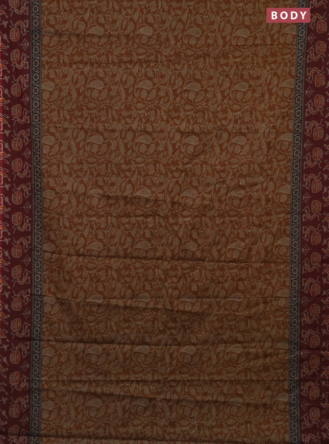 Muslin cotton saree dark mustard and maroon with allover prints and printed border