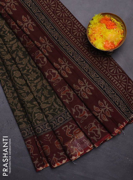Muslin cotton saree sap green and maroon with allover prints and printed border