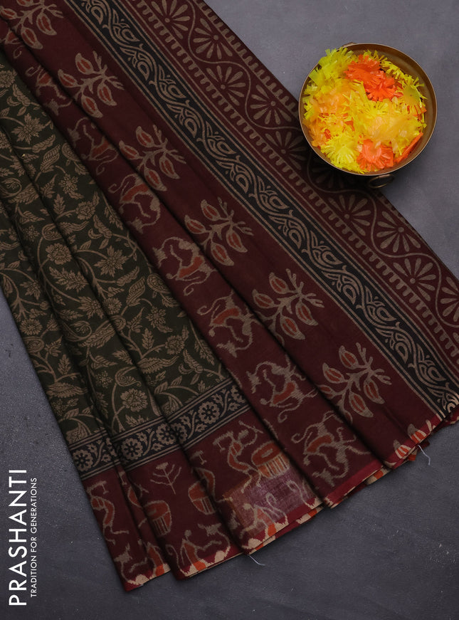 Muslin cotton saree sap green and maroon with allover prints and printed border