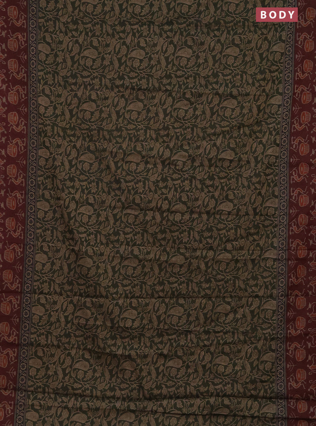 Muslin cotton saree sap green and maroon with allover prints and printed border