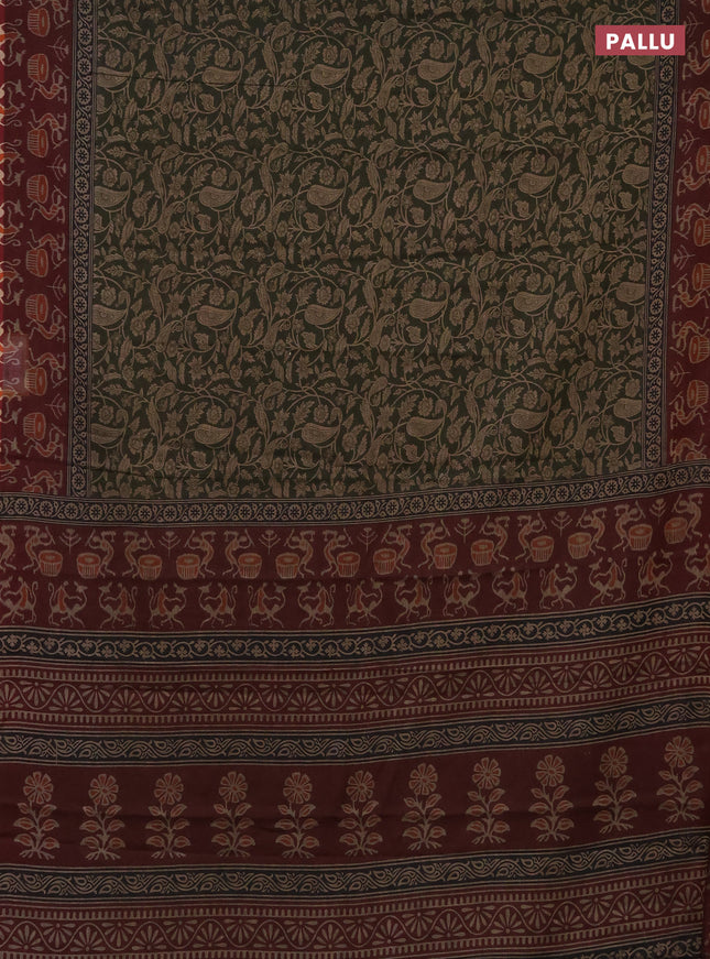 Muslin cotton saree sap green and maroon with allover prints and printed border