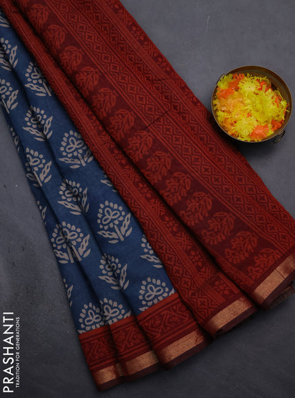 Muslin cotton saree peacock blue and maroon with butta prints and zari woven border