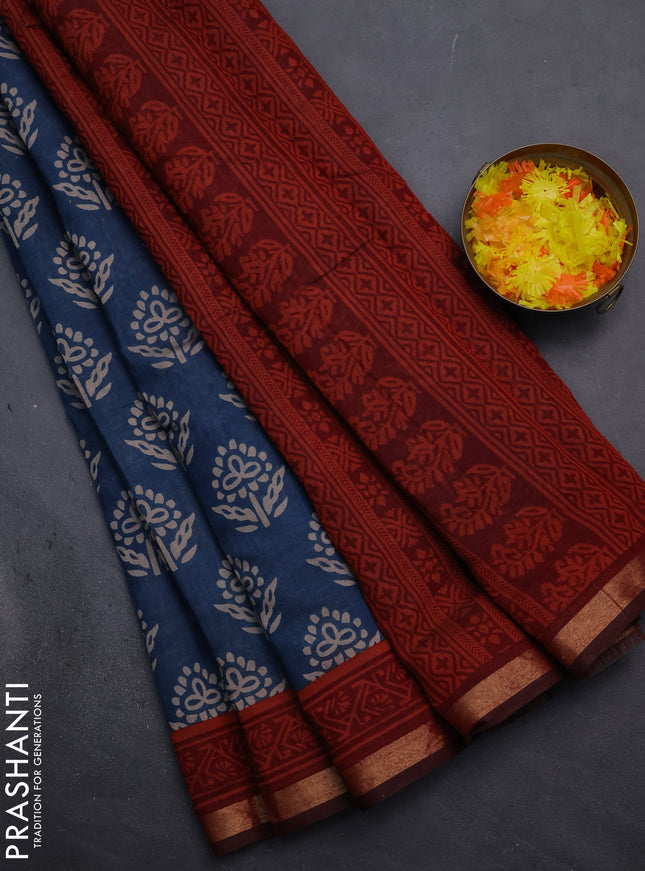 Muslin cotton saree peacock blue and maroon with butta prints and zari woven border